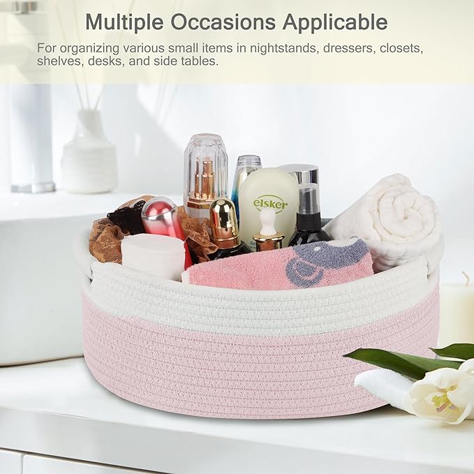 Small Woven Basket with Gift Bags and Ribbons, Empty Baby Gift Baskets, Shelf Storage, Small Cat Dog Pet Toy Boxes, 13”x 9”x 5.5”, Light Pink