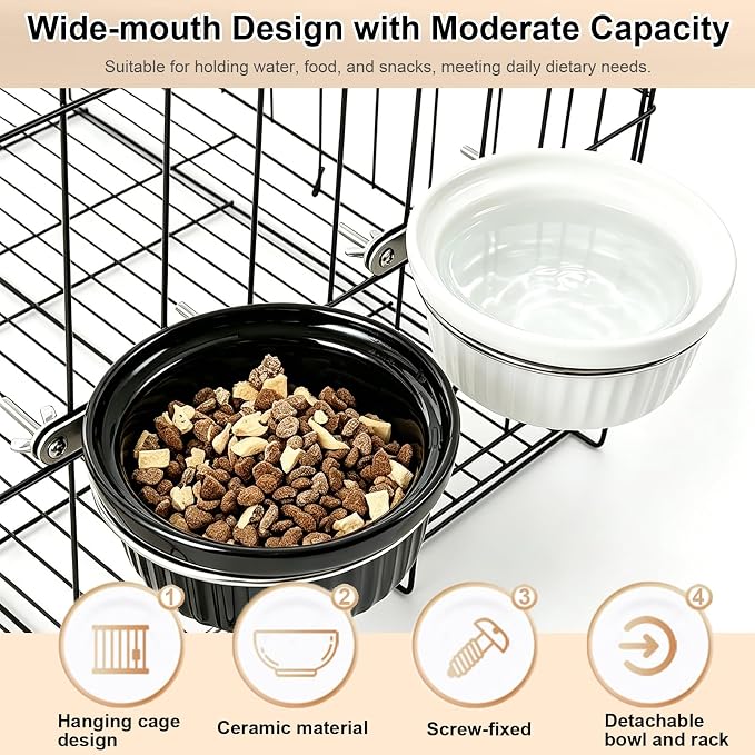 Rabbit Hanging Ceramic Bowl, Removable Cage Feeder Thick Ceramic Bowl with Stainless Steel Support Ring Pet Water Food Bowl for Small Animal Chinchilla Ferret Small Dog & Cat (4.92 * 1.97”) (Black)