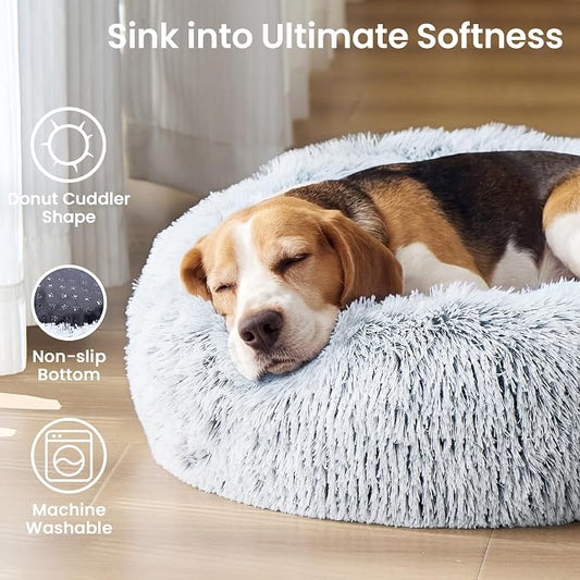 JOLLYVOGUE Calming Dog Beds Extra Large Sized Dog, 45in Donut Washable Large Pet Bed, Anti-Slip & Anti-Anxiety Fluffy Faux Fur Round Dogs Bed, Fits up to 125 lbs Pets (Smoke Grey)