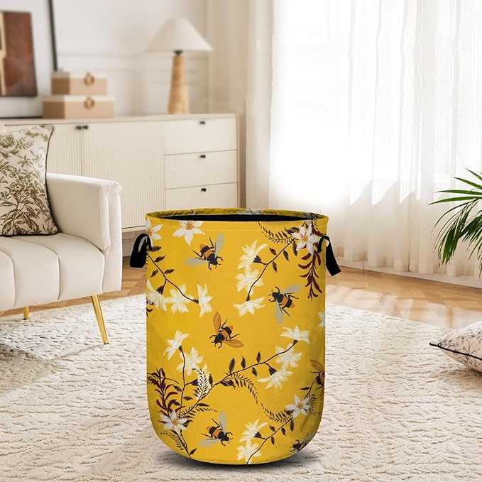 Bee Flower Laundry Basket, Spring Floral Laundry Hamper Collapsible Oxford Cloth with Handle Clothes Storage Bin for Bathroom Laundry Room Bedroom 15.7 X 20 Inch