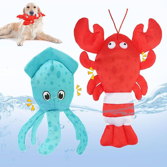 BINGPET Floating Dog Toys, 2 Pack Durable Squeaky Lobster & Squid Water Toy for Pool Beach Outdoor Interactive Fetch, Oxford Fabric Summer Swimming Pool Toys for Small Medium Large Dogs