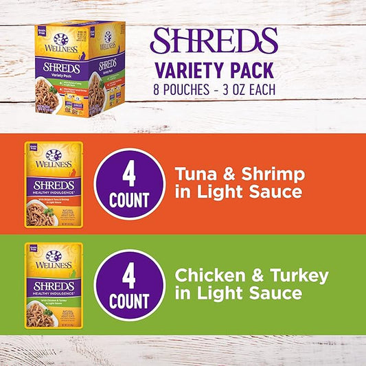 Wellness Healthy Indulgence Shreds Variety Pack Adult Wet Cat Food, Natural, Protein Rich, Grain Free, 2 Flavors, 3 oz, Pack of 8 Pouches