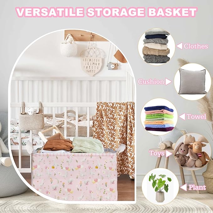 Goose Nursery Decor Girl, Pink Basket for Pink Nursery Decoration, One Silly Goose Birthday Decor Girl, Large Squarecanvas Laundry Hamper With A Waterproof PECoating, Foldable