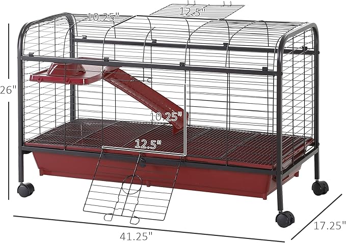 PawHut 41" L Small Animal Cage Rabbit Hutch Ferret Pet Play House with Feeder, Rolling Wheels, Platform, Ramp, Red