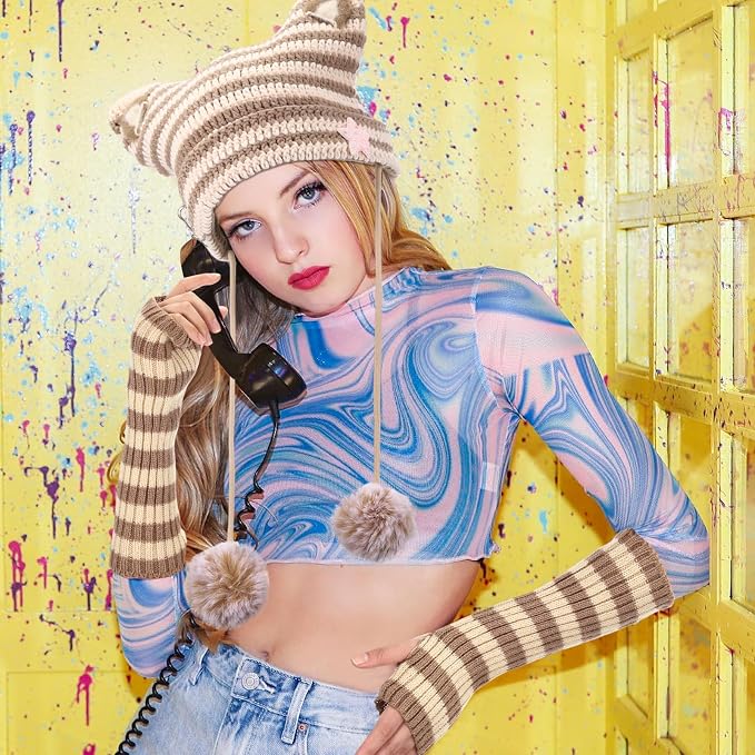 Y2k Beanie Cat Crochet Hats Cat Beanie Accessories with Kawaii Leg Cover for Women Girls