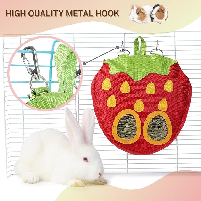 JanYoo Rabbit Hay Feeder Bag for Cage Guinea Pig Timothy Hay Dispenser Storage Manger Hanging Large Less Waste for Bunny