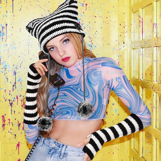 Y2k Beanie Cat Crochet Hats Cat Beanie Accessories with Kawaii Leg Cover for Women Girls