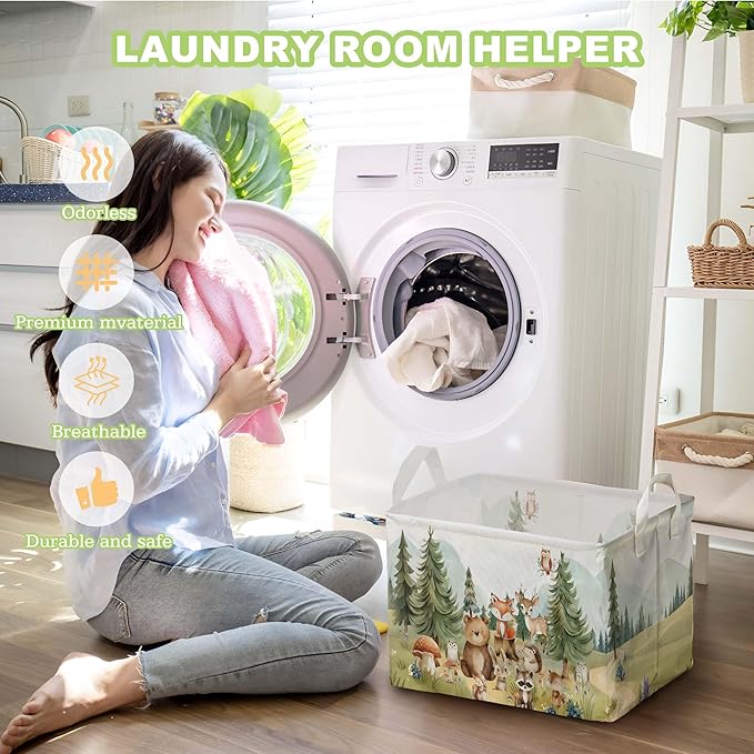 Cute Animals Storage Baskets, Woodland Nursery Decor, Woodland Baby Shower Decorations, Large Squarecanvas Laundry Hamper With A Waterproof PECoating, Foldable Kids Toy Clothes Bins for Bedroom