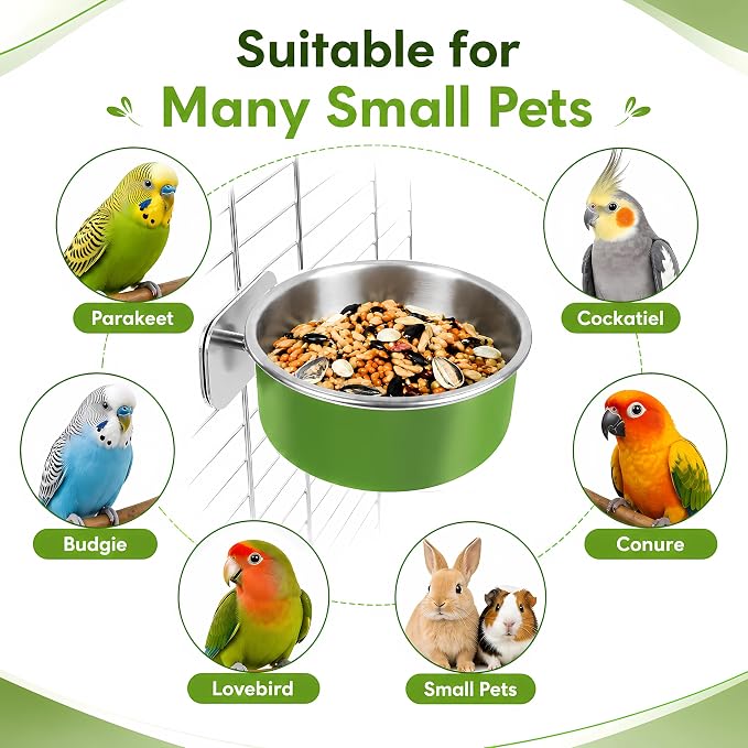 Bird Cage Bowls for Parakeets (2 Pack) - Stainless Steel Food & Water Feeder Cups with Clamp Holder, Hanging Feeder for Budgies, Canary, Conures, Lovebirds, Squirrel & Small Animals