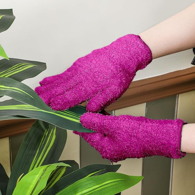 Patelai 3 Pairs Microfiber Plant Dusting Gloves Leaf Cleaning Gloves for Indoor Plants, Blinds, Furniture, House (Purple,Rose Red,Black,Small)