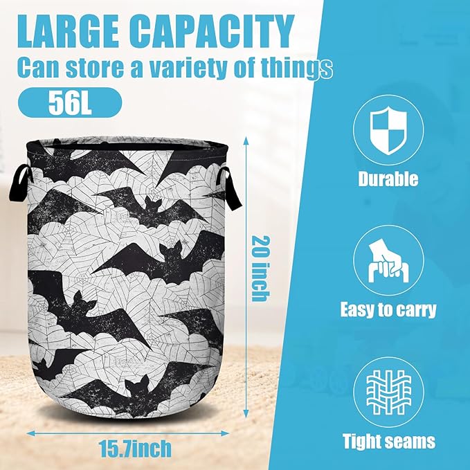 Retro Black White Bat Laundry Basket, Halloween Laundry Hamper Collapsible Oxford Cloth with Handle Clothes Storage Bin for Bathroom Laundry Room Bedroom 15.7 X 20 Inch