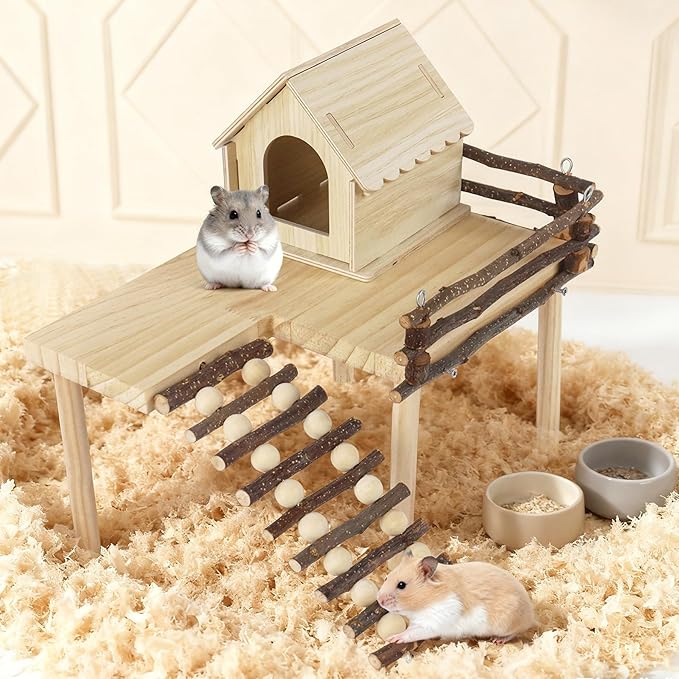 Wooden Hamster House and Platform, Hamsters Platform with Ladder, Hamster Cage Accessories, Cute Small Pets Toy for Hiding Sleeping Activities Habitat Decor