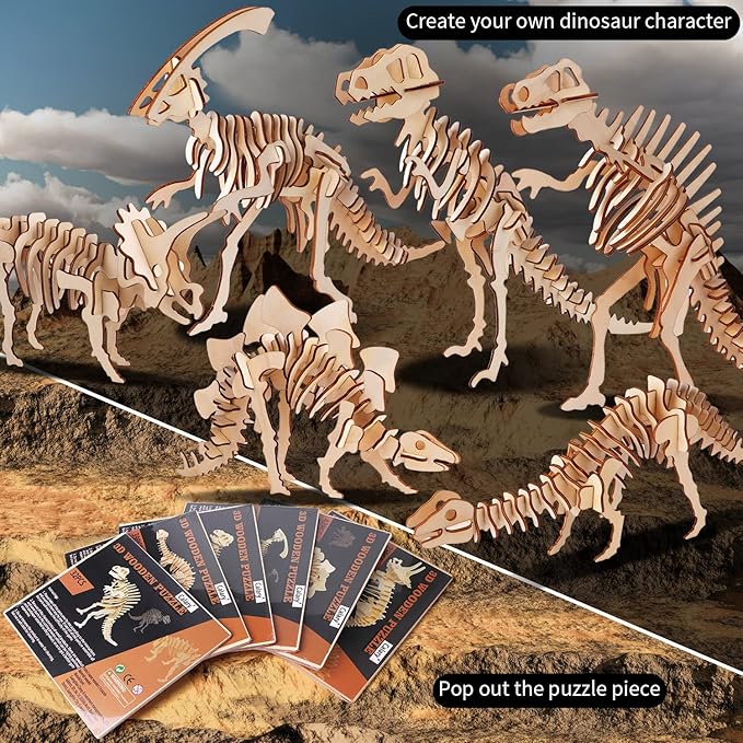 calary 3D Wooden Puzzle Simulation Animal Dinosaur Assembly DIY Model Toy for Kids and Adults,Set of 6