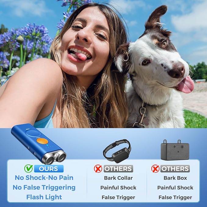 Dog Bark Deterrent Device, Anti Barking Device for Dogs Training Indoor Outdoor No More Bark Ultrasonic 2X Effective Emitters 50ft Range to Stop Neighbors Dog Barking Rechargeable for All Dogs