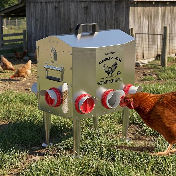 Large Automatic Chicken Feeder, 55 lb Capacity, 8 Feeding Ports, Upgraded Stainless Steel Poultry Feeder, No-Waste Design, Adjustable Legs & Lockable Lid for Coop, Ducks & Turkeys