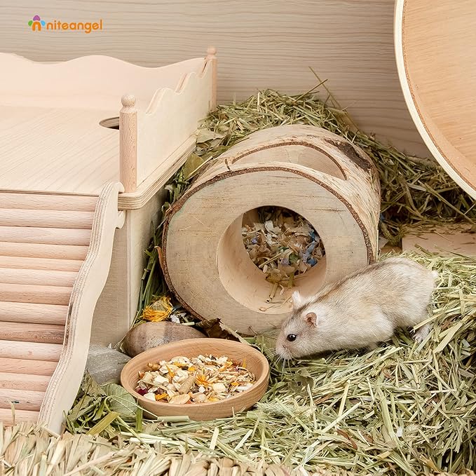 Niteangel Wooden Hamster Feeding Bowl - Small Animal Food Dish for Dwarf Syrian Hamsters Gerbils Mice Degus or Other Similar-Sized Small Pets (No Pattern, for Dwarf)