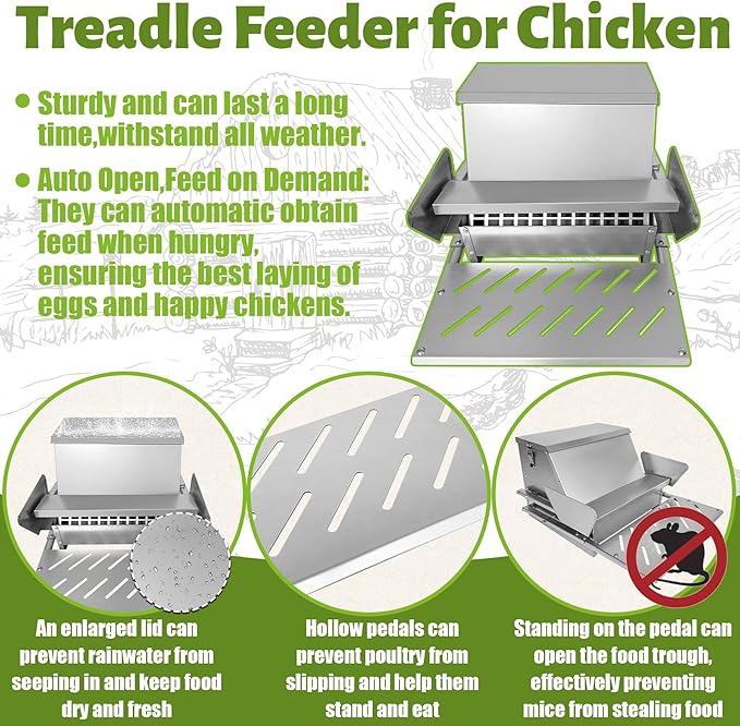 Automatic Metal Treadle Feeder 26lbs Capacity No Waste Automatic Chicken Feeder Galvanized Steel Large Metal Poultry Feeder Outdoor Coop Food Dispenser with Rain Cover