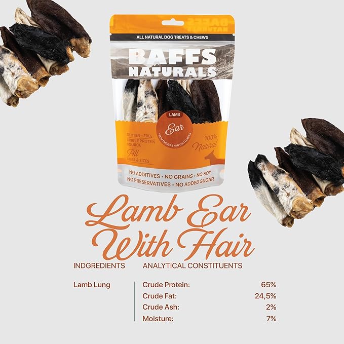 Lamb Ears for Dogs - High Protein, Low Fat Chew Treats | Gluten Free, Soya Free Lambs Ear Snack | 100% Natural with Fur, Healthy Chews for Canines | Long Lasting Dental Support | Grain Free | 3.5oz