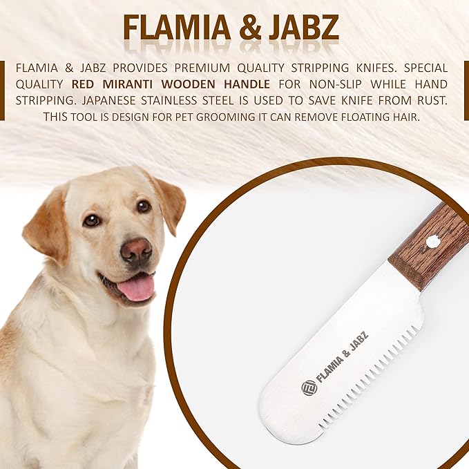 FLAMIA & JABZ Professional Dog Grooming Hand Stripping Knife, Stripper Trimmer Tool, Red Meranti Wooded Handle non slip grip with Tripping Stainless Steel blade (Coarse, Right Handed)