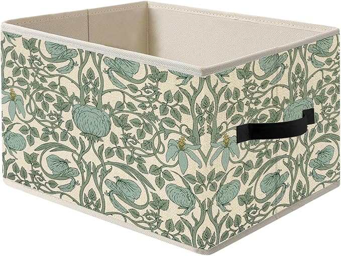 Vintage Green Art Nouveau Floral Storage Bins, Green Vine Flower Botanical Foldable Closet Organizers Storage Basket Toybox for Clothes Bed Sheets Blankets Toys
