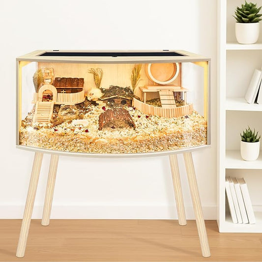 Prolee Hamster Cage with Curved Design,Chew Proof Wooden Hamsters Enclosure with Leg Stand and Openable Top or Gerbils,Hamster Habitat (32"x16"x16")