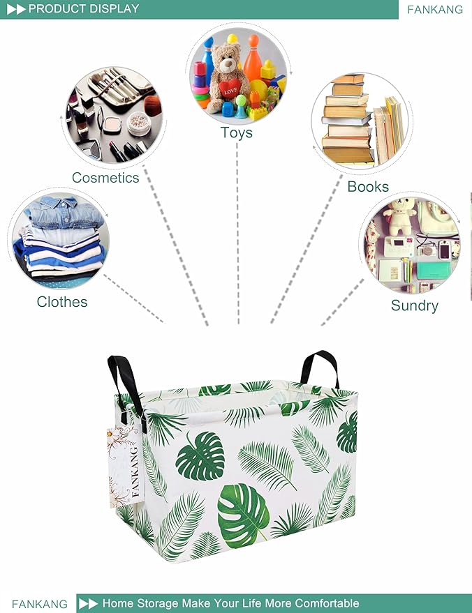 Storage Bins, Nursery Hamper Canvas Laundry Basket Foldable with Waterproof PE Coating Large Storage Baskets for Kids Boys and Girls, Office, Bedroom, Clothes,Toys(Rec-Leaf ）