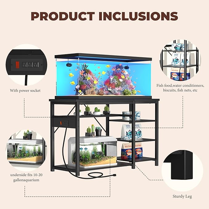 GRLEAF 55-75 Gallon Aquarium Stand: 1000LB Capacity, Built-In Power Outlets, 3-Tier Shelves for Fish Tank Accessories Storage, Heavy-Duty Steel/Wood Hybrid for Fish & Reptile Tanks | Excludes Tank