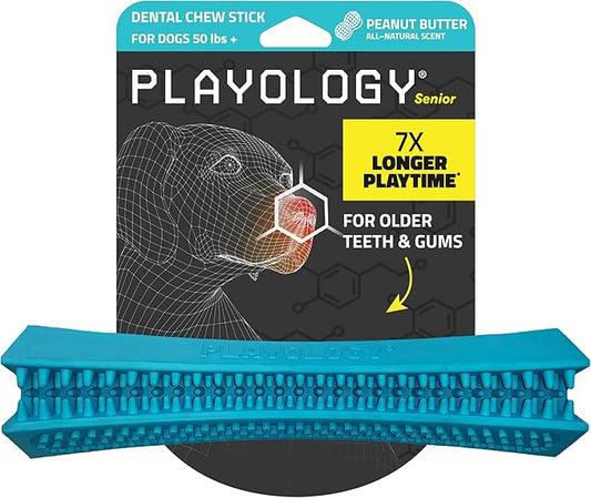 Playology Dog Toys | Dental Chew Stick for Large Senior Dogs | Peanut Butter Scented Jumbo Toy | Dog Chew Toy for Healthy Teeth and Gums