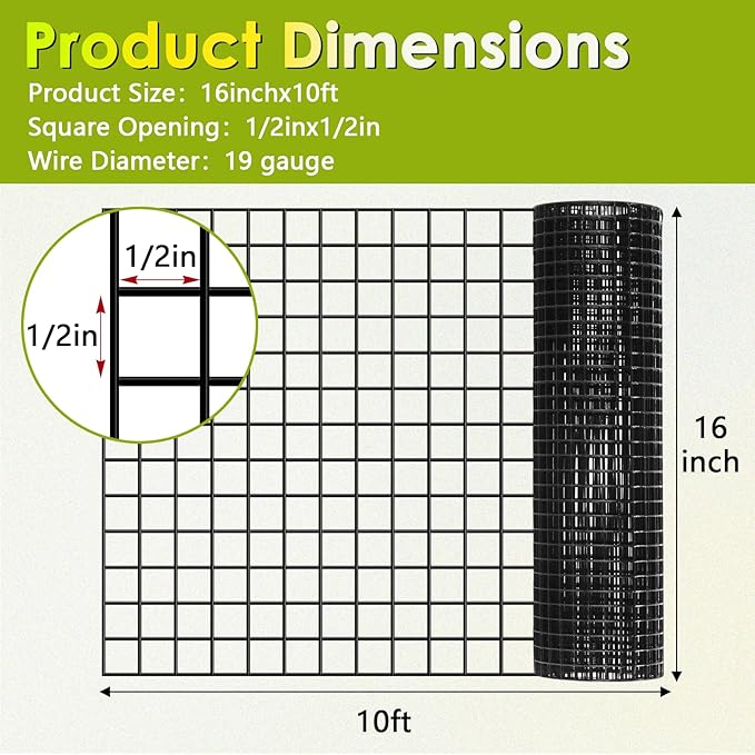 Gbekery Black Hardware Cloth 1/2inch,16in x 10ft 19 Gauge, PVC Coated Galvanized Steel Chicken Wire Fence Roll Garden Plant Welded Metal Wire Fencing Roll, Rabbit Cages Snake Fence,Black