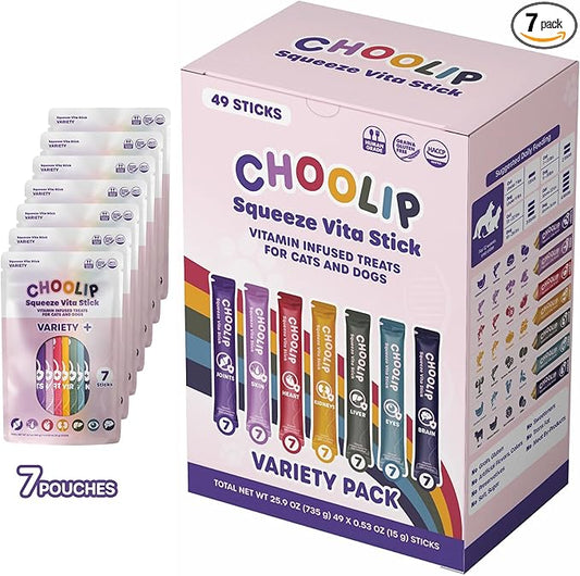 Choolip Squeeze Vita Stick Lickable Cat and Dog Treats – 49-Count Variety Pack with Multivitamins, Soft Squeezable Paste for All Life Stages, Supporting Overall Health - Box with 7 Pouches
