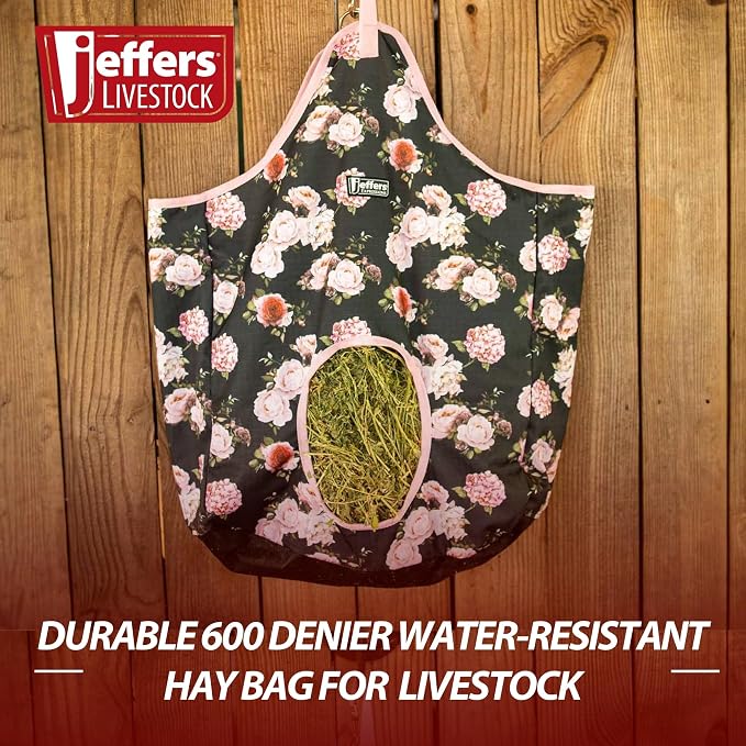 Jeffers Expression Top Loading Hay Bag for Horses & Livestock – Durable 600 Denier Hanging Hay Feeder, Water Resistant with Mesh Bottom, Easy Hanging Snap for Stall, Trailer, Travel - Rose Garden