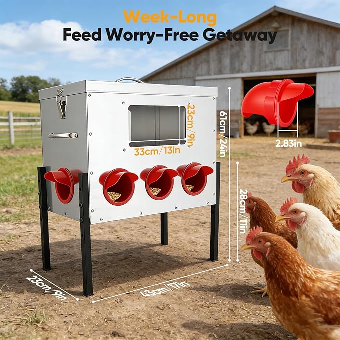 42 lb Large Automatic Chicken Feeder with Window - 8 Port No Waste Design, Rodent Proof Chicken Feeder, Galvanized Heavy-Duty Outdoor Metal Feeder, Weatherproof Silo for Hens, Ducks, Geese, Poultry