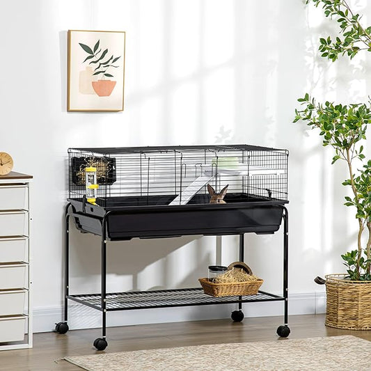 PawHut Two-Story Small Animal Cage Removable from Stand, Guinea Pig Cage with Shelf & Wheels, Pet Habitat for Hedgehog, Chinchilla, Ferret, 39" x 20.5" x 36.5", Black