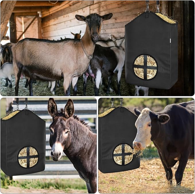 Hay Bags,Slow Feed Hay Bags for Horses,Goats,Donkeys with Reinforced Oxford Fabric and High Strength Metal Clasp,Horse Feeding Supplies with Strap for Easy Hanging (1 Black)