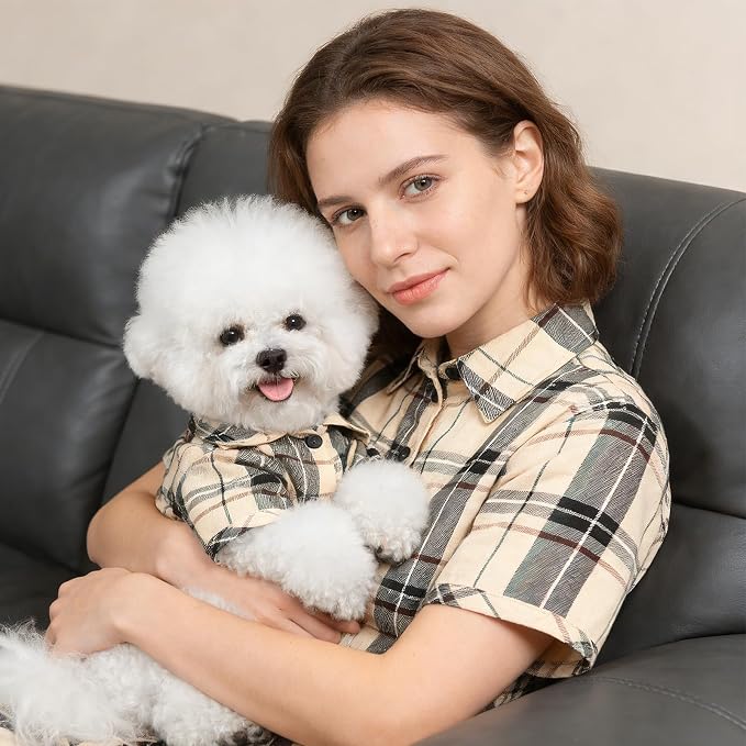 PUPTECK Plaid Dog Shirt, Cute Puppy Cat Polo T-Shirt, Soft Pet Clothes Outfit for Small Medium Dogs, Costume M
