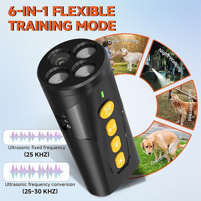 Dog Bark Deterrent Device, 3X Ultrasonic Anti Barking Device 6 Modes Dog Trainer Rechargeable & Portable Safe Bark Control Indoor Outdoor for All Dogs with LED Flashlight - Yellow Button