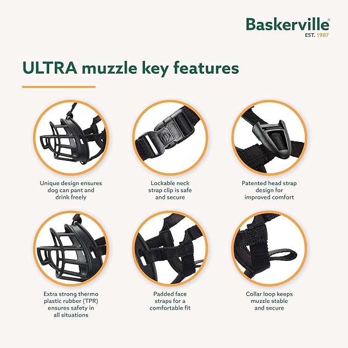 Baskerville ULTRA Muzzle - Patented Humane Design, Breathable, Dog can Pant and Drink, Adjustable, Padded, Training Muzzle for Medium-sized Dogs, Prevents Biting, Wildlife Scavenging (Size 4, Black)