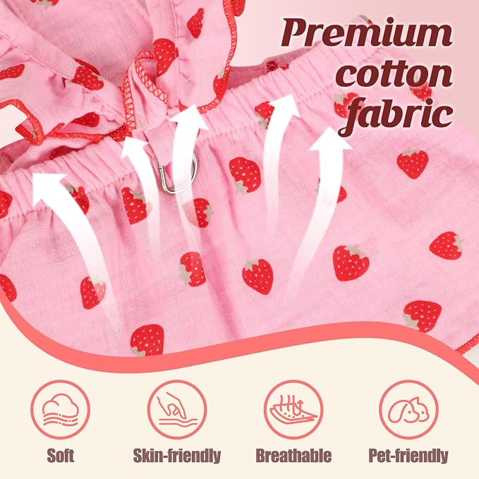 Strawberry Print Cotton Cat Dog Costumes with 2 Adjustable Collar with Bow, Kitten Outfits for Girl Cats, Pink White Pet Clothes for Small Dogs & Cats ，M