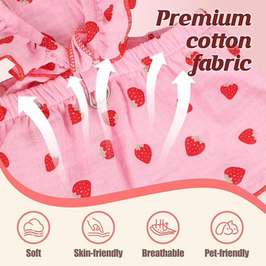 Strawberry Print Cotton Cat Dog Costumes with 2 Adjustable Collar with Bow, Kitten Outfits for Girl Cats, Pink White Pet Clothes for Small Dogs & Cats,S