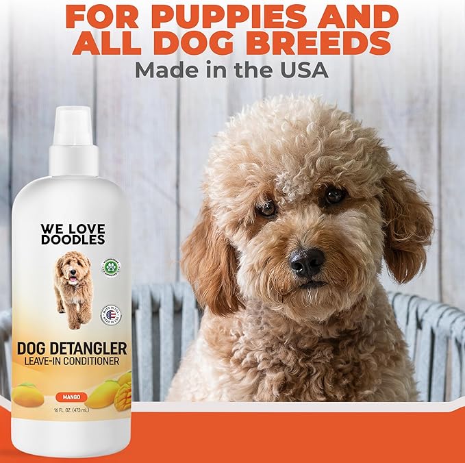 We Love Doodles Dog Detangler Spray - Leave-in Conditioner for Dogs Detangling Spray - Dematting Spray Tangle Remover - Made in The USA, Large 16 fl oz (Mango)