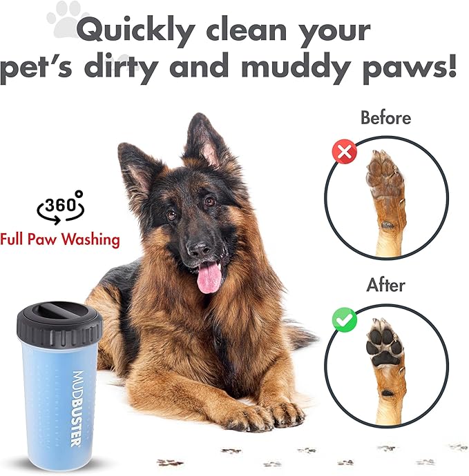 Dexas Lidded MudBuster Large Dog Paw Cleaner in Pro Blue - Fits 2.5"-3.5" Wide Paws, Portable Paw Washer for Muddy Paws, Dog Paw Cleaning Cup with Gentle Silicone Bristles, Quick Clean Pet Paw Washer