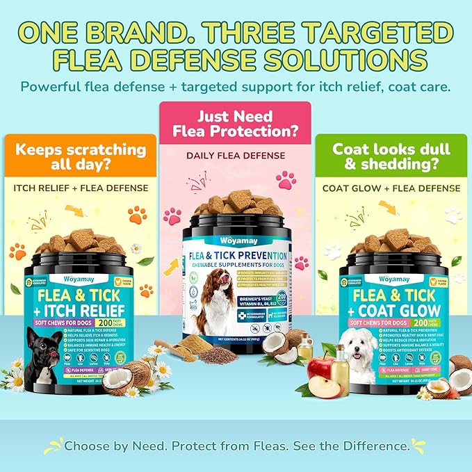 Woyamay Flea and Tick Prevention for Dogs Chewables, 200 Soft Treats, Natural Dog Flea and Tick Treatment, Oral Flea Chews for Dogs Supplement, Flea and Tick Chews for Dogs Puppies, All Breeds & Sizes