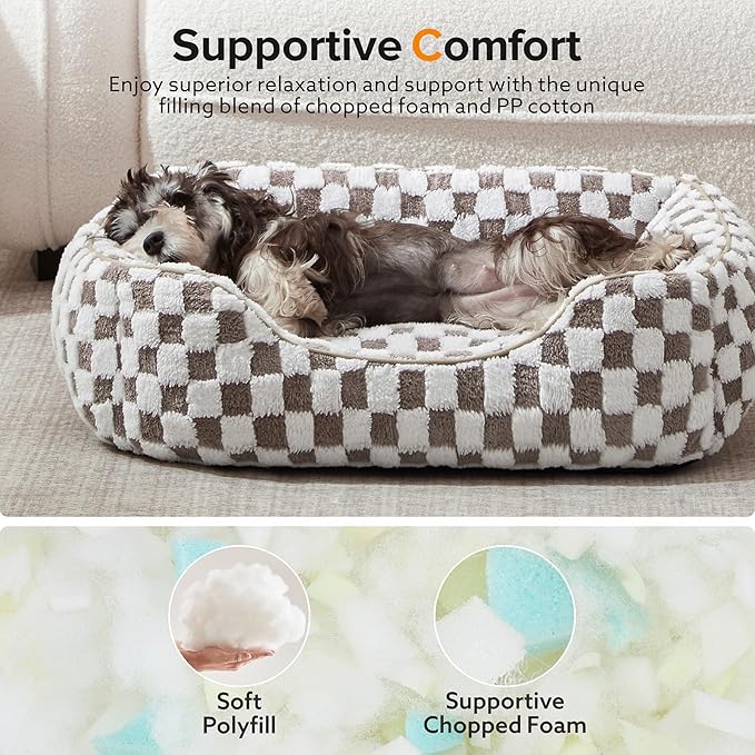 JOEJOY Dog Bed for Large Medium Small Dogs - Rectangle Orthopedic Dog Sofa Bed, Cute Modern Puppy Bed with Jacquard Shaggy Plush & Anti Slip Bottom, 30x24x9inches, Cofffee
