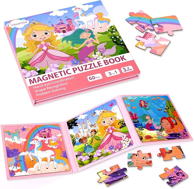 Magnetic Puzzles for Kids 3-5, 3-in-1 Princess Unicorn Mermaid Travel Puzzles for Kids Ages 4-6, Car Airplane Road Trip Activities Toys, Gifts for Girls