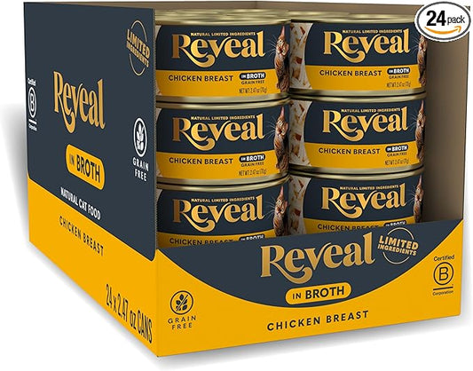 Reveal Natural Wet Canned Cat Food, Limited and Natural Ingredients, Grain Free, High Protein with No Artificial Additives, Chicken Breast in Broth (24 x 2.47 oz Cans)