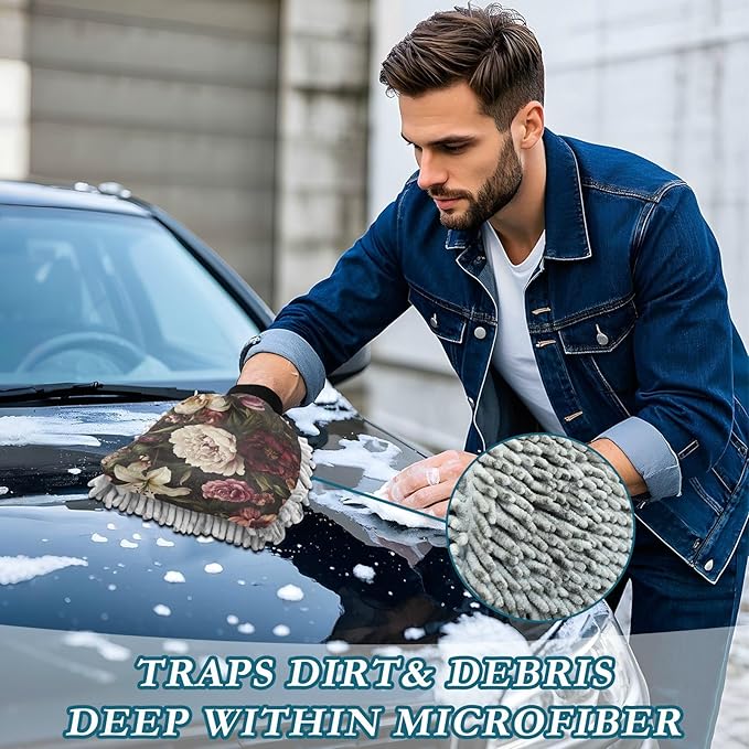 Car Wash Mitt Microfiber Wash Mitts for Car Washing Scratch-Free Cleaning Gloves Soft Non Absorbent Chenille Auto Hand Mitt Medium 2Pack Peony Rose Flowers Pink