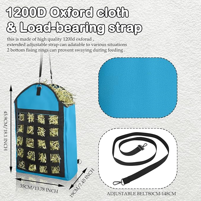 2 Pack Heavy Duty 1200D Oxford Slow Feeder Hay Bag with Large Opening for Horse, Goat, Donkeys, 13.78x7.45x18.1 Inch, Blue