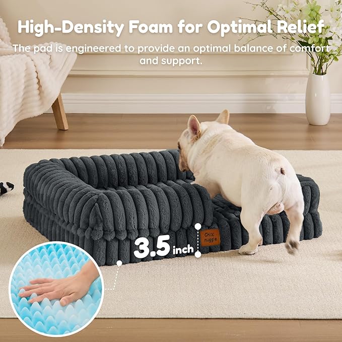 ChiXnuggle Orthopedic Dog Bed with Bolster Sides for Sleeping, Fluffy Plush Rectangular Dog Bed Medium Sized Dog, Luxury Striped Faux Fur Waterproof Dog Couch with Removable Washable Cover, Dark Grey