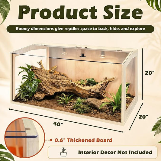 PROLEE Bearded Dragon Tank, Lizard Tank with Clear Tempered Glass Roof, Anti-Scratch Reptile Enclosure, Reptile Tank Built-in Light Fixtures with Switch (40X20X20inch,65 Gallons)