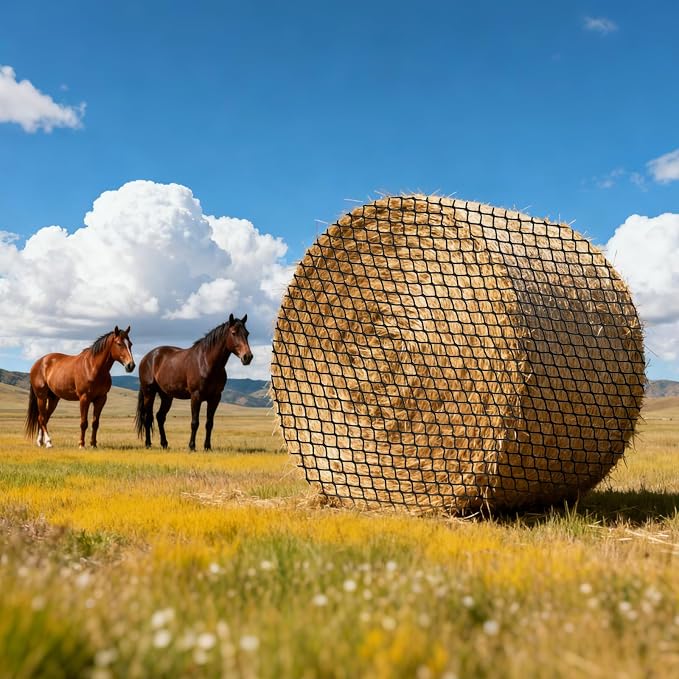 VEVOR Round Bale Hay Net, 4.92 x 4.92 x 4.92 ft, 1.5 inch Holes, PE Material, Knotless Design, with Zip Ties, Needle Shuttle, Repair Twine and Storage Bag, Slow Feeder Round Bale Net for Horses